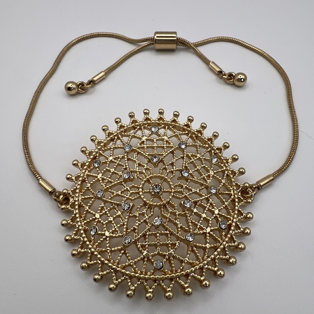 Gold Tone Filigree Medallion Bolo Bracelet Crystal Accent Adjustable Snake Chain